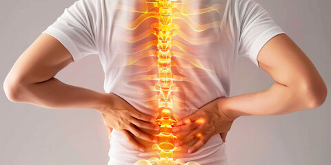 Ankylosing Spondylitis: The Back Stiffness and Pain - Visualize a person struggling to straighten their back, with highlighted spine and pain lines