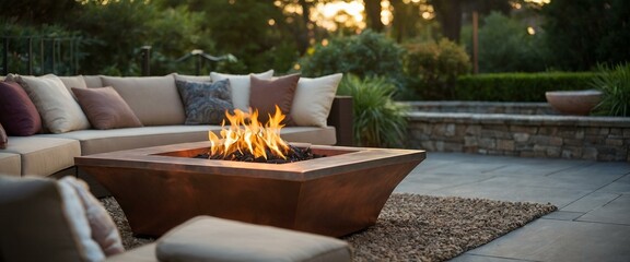 This modern and chic outdoor fire pit adds warmth and luxury to an opulent backyard setting, perfect for evening entertainment
