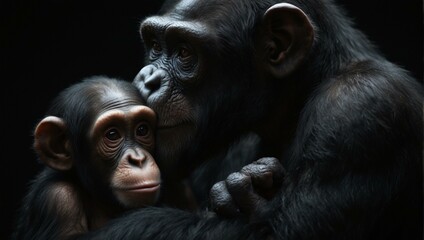 Captivating image of an adult chimpanzee and its young showcasing a tender and protective gesture
