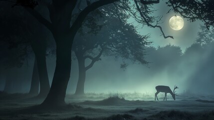 AI-generated illustration of a deer gazing in a dark forest setting illuminated by the moon
