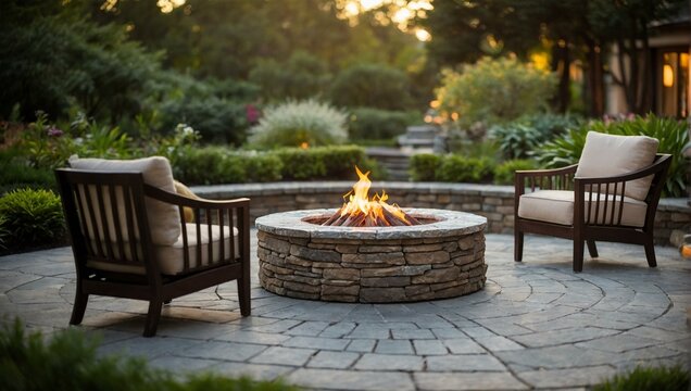 Comfortable garden chairs flank a beautiful fire pit, set amidst a well-manicured garden at dusk