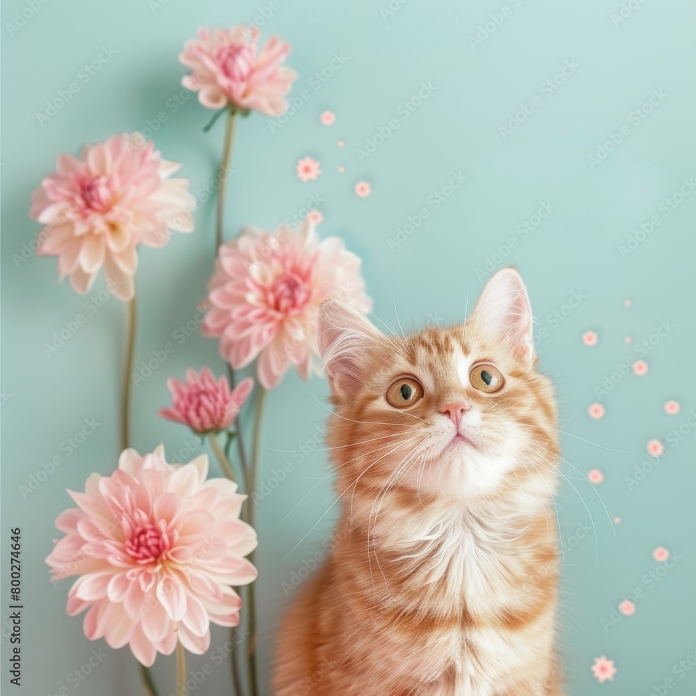 Poster charming cat and delicate flower on gentle backdrop, perfect for adding your own creative text