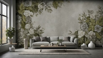 Modern interior design showcasing a chic living room with large floral wallpaper and sophisticated furnishings