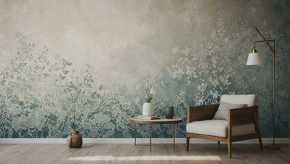 A comfortable chair and modern side table sit in a room adorned with delicate floral wallpaper design