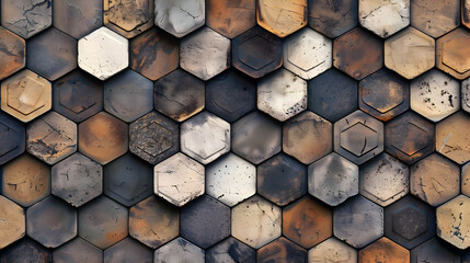 A pattern of hexagonal tiles in muted earth tones, from pale clay to dark soil, arranged in a complex, overlapping design that suggests natural growth, captured with a panoramic lens for a wide view