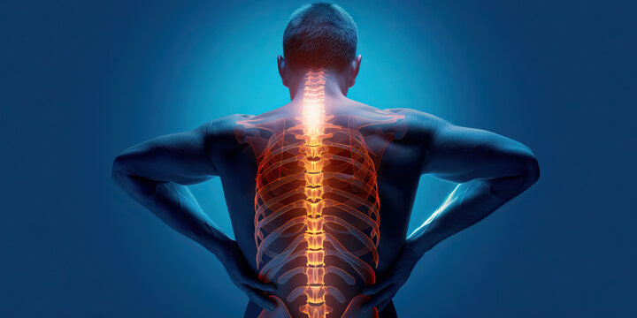 Ankylosing Spondylitis: The Back Stiffness and Pain - Visualize a person struggling to straighten their back, with highlighted spine and pain lines