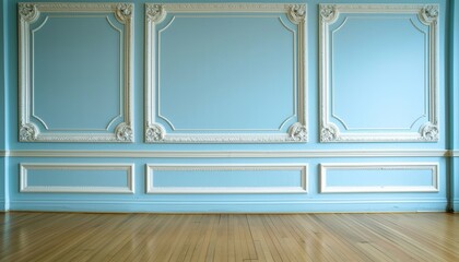 Classic blue and white wall with copy space in mock up room on brown parquet floor