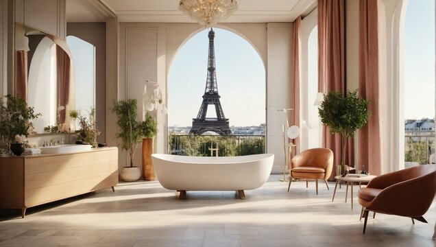 An exquisite bathroom setup flaunts a modern bathtub with a breathtaking view of the Parisian Eiffel Tower, blending luxury with iconic architecture