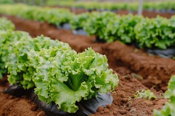 Organic green lettuce grown in red soil with black polyethylene film in a Portuguese greenhouse Healthy eating concept Farming for food production