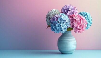 Bouquet of handmade bright crochet hydrangeas in a vase