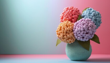 Bouquet of handmade bright crochet hydrangeas in a vase