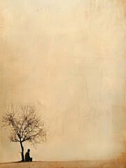 A Solitary Figure Contemplates Beneath the Bare Branched Tree in a Muted Atmospheric Landscape with Ample Copy Space