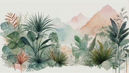 This watercolor painting features a lush array of tropical plants with soft mountain silhouettes in the background, perfect for nature-themed decor