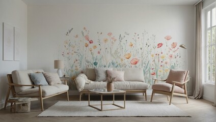 A chic, well-lit living room adorned with a vibrant and detailed floral wallpaper that brings life and color to the space