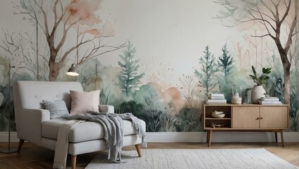 Trendy living room featuring a wall adorned with soft watercolor trees and understory, infusing it with a natural, serene vibe