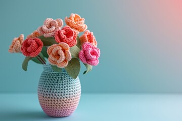 Bouquet of handmade crochet roses in a vase. Copy space for text
