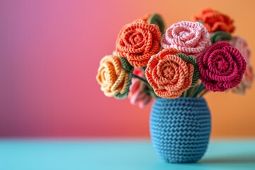 Bouquet of handmade crochet roses in a vase
