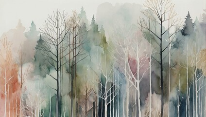 A serene watercolor painting portraying a misty forest scene with bare trees, creating a feeling of tranquility and escape - Powered by Adobe