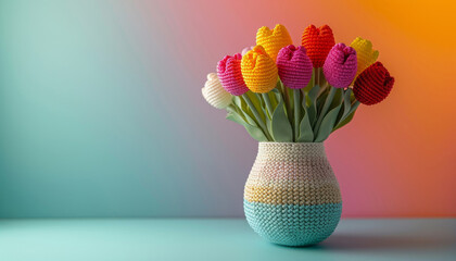 Crochet bouquet of tulips in a vase for Birthday or Valentine's Day. Copy space for text