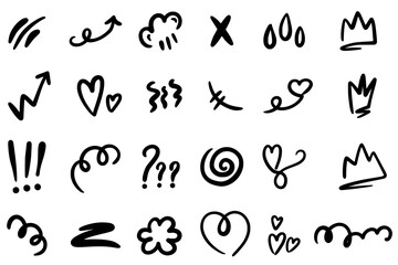 Fototapeta na wymiar Set of blots. Signs and symbols. Squiggles. Doodle. Hand drawing.