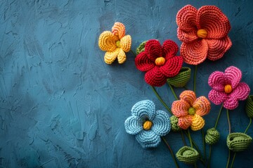 Handmade crochet colored flowers flat lay