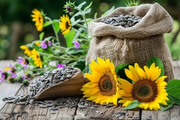 Naklejka premium Organic sunflower seeds and flowers displayed on wooden surface