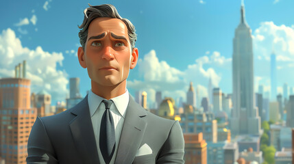 3d render of a man in a suit looking over a city