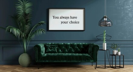 A large frame that said You always have your choice on the wall, tiles flooring, green velvet sofa, blue walls, and a black metal side table