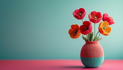 Handmade bouquet of bright crochet poppies in a vase