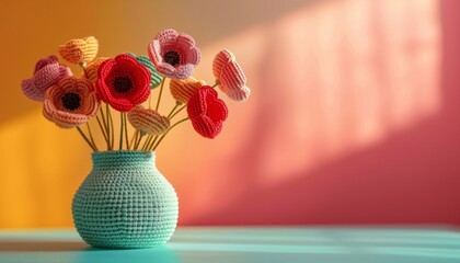 Handmade bouquet of bright crochet poppies in a vase