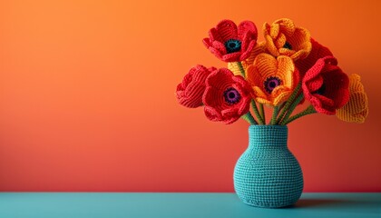 Handmade bouquet of bright crochet poppies in a vase. Copy space for text