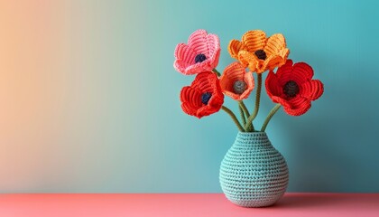 Handmade bouquet of bright crochet poppies in a vase