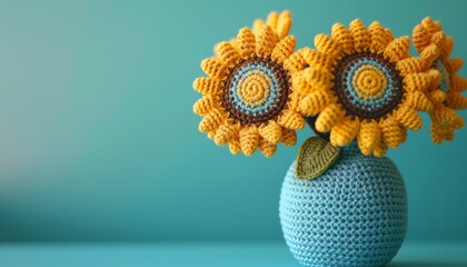 Bouquet of crochet sunflowers in a vase