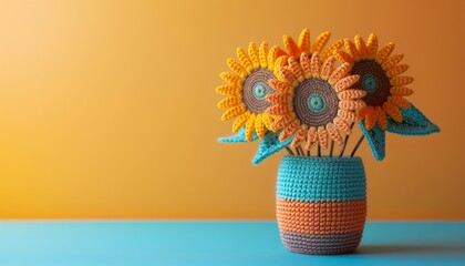 Handmade bouquet of bright crochet sunflowers in a vase