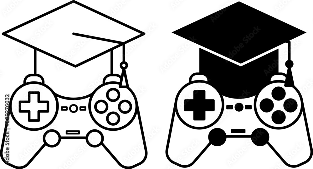 Aufkleber educational game icons. black and white vector icons of game console and graduation hat. computer ga