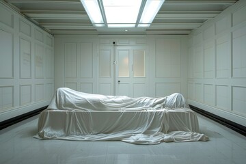dead body covered with a white sheet in the morgue. Copy space for text - obrazy, fototapety, plakaty