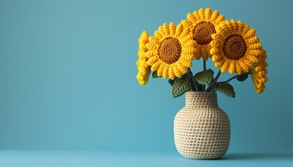 Handmade bouquet of bright crochet sunflowers in a vase