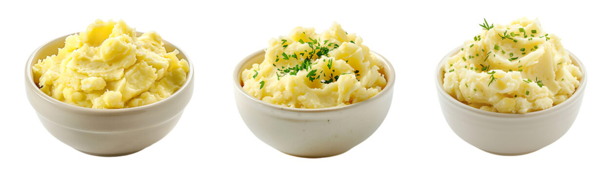 bowl of mashed potatoes isolated on white or transparent background