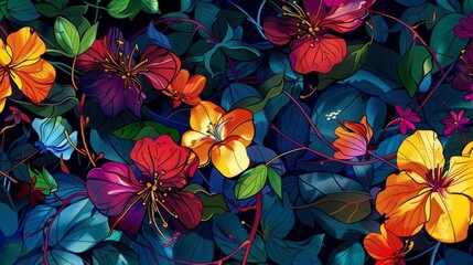 Splashes of vivid wildflower hues intertwined with tangled vines and leaves..