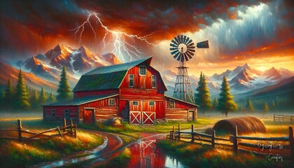 a painting of a country scene with an old barn and windmill