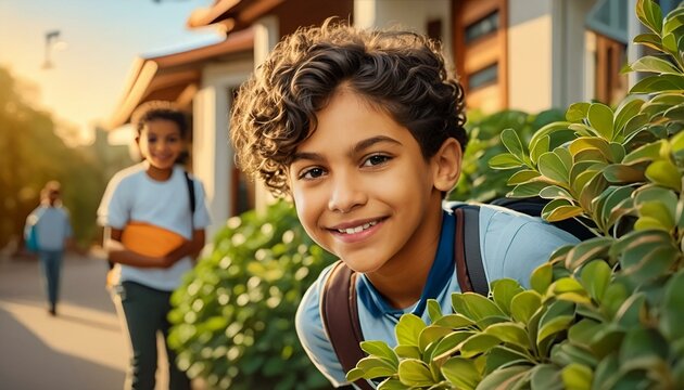 A mischievous young boy, Samir, playing a prank on a neighbor by hiding behind a bush.