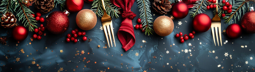 A beautiful Christmas table setting with red and gold ornaments, holly, and pine cones.