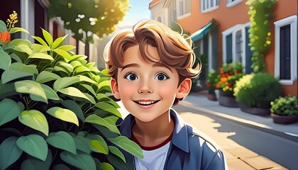 A mischievous young boy, Samir, playing a prank on a neighbor by hiding behind a bush.