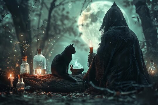 A mysterious photo of a witch brewing potions