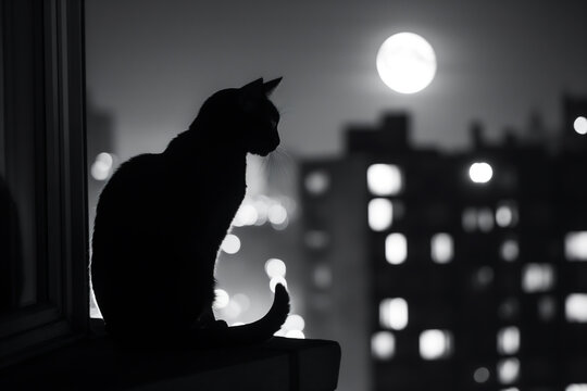 cat staring out a window at a full moon over a city