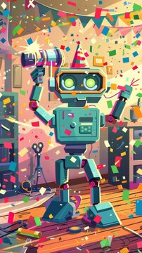 A retro robot photographer snapping photos at a birthday party, looking excited, with flash effects and colorful confetti flying around in a lively room