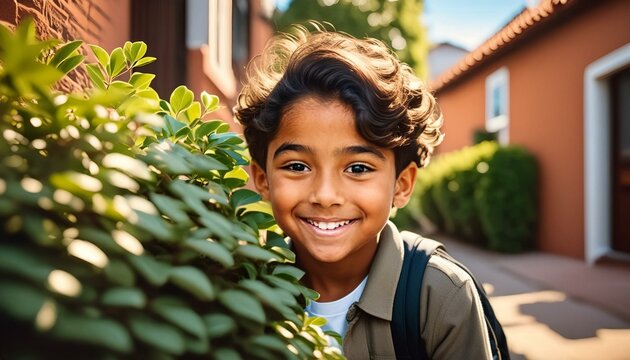 A mischievous young boy, Samir, playing a prank on a neighbor by hiding behind a bush.