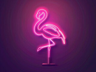 A pink neon sign shaped like a flamingo, glowing with vibrant light against an isolated dark purple background.