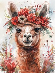 Watercolor of a charming and cute alpaca adorned with a floral wreath, serene nature vibe, vibrant bright pastels