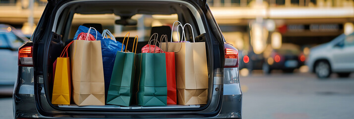 An image showing the trunk of a car filled with multiple colorful shopping bags, indicating a successful shopping spree or the concept of retail therapy